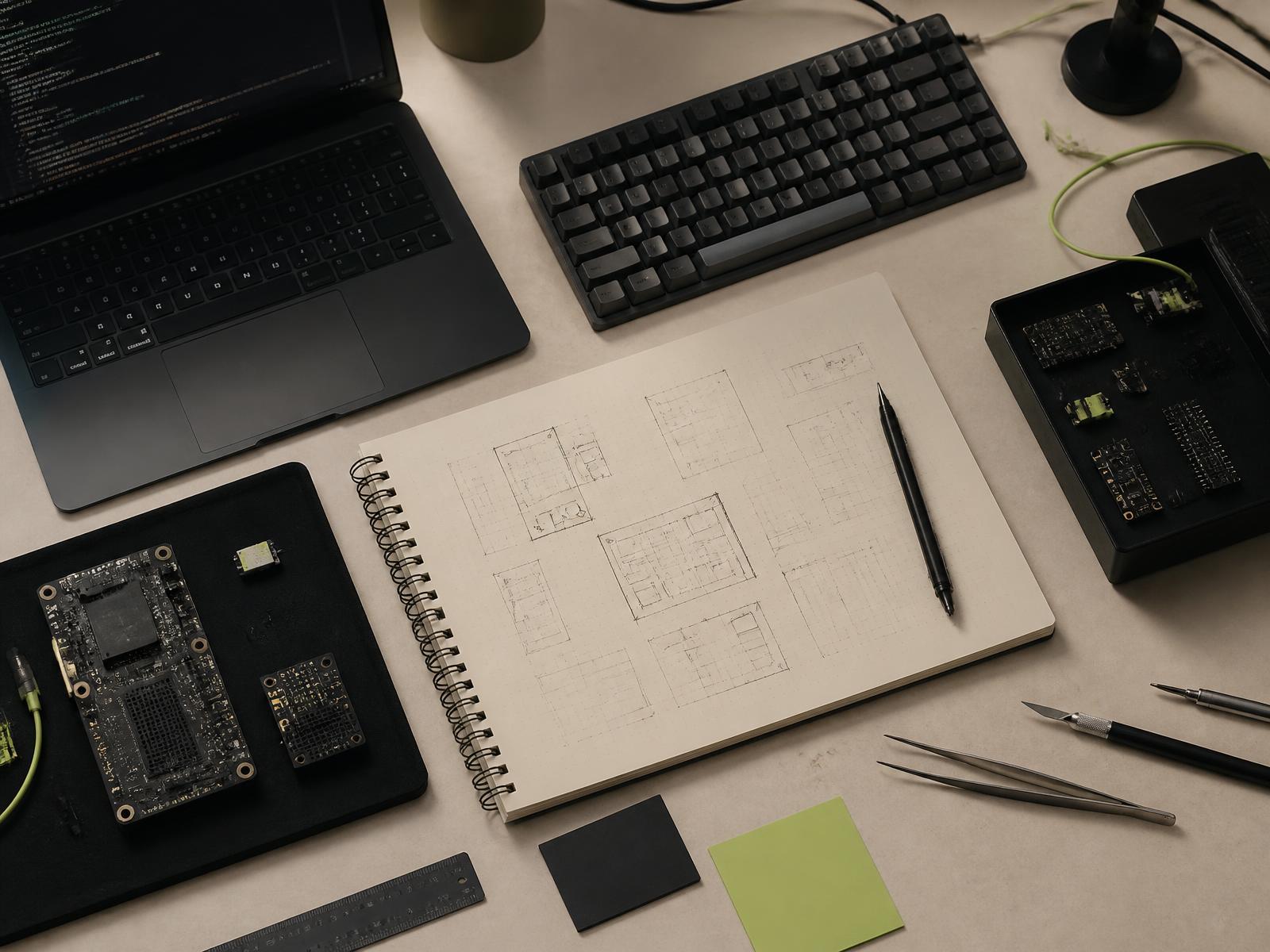 Technology planning workspace with sketches and computing components